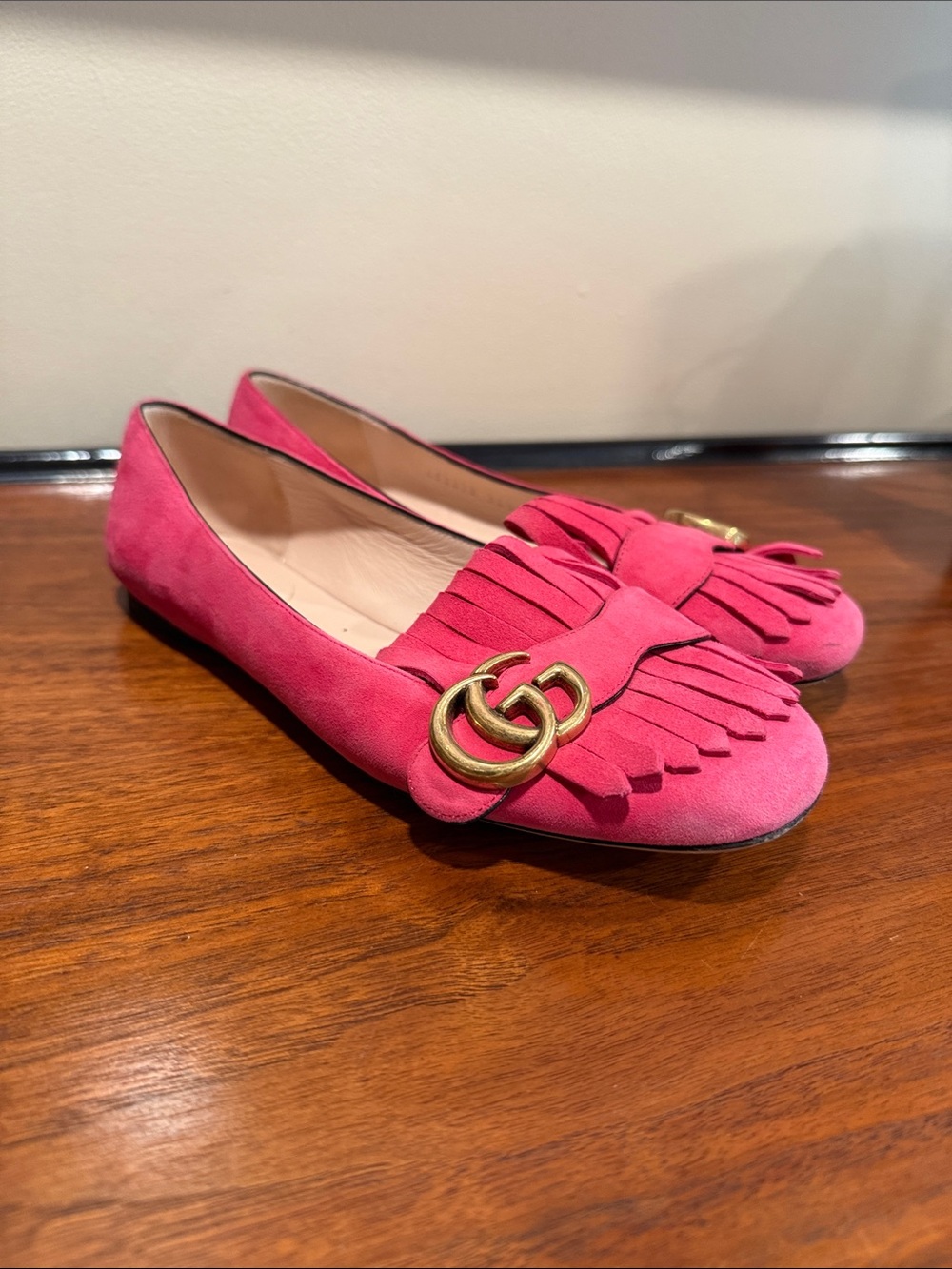 Gucci Pink Suede Marmot Fridge Loafer with Gold Logo - Size 36.5
